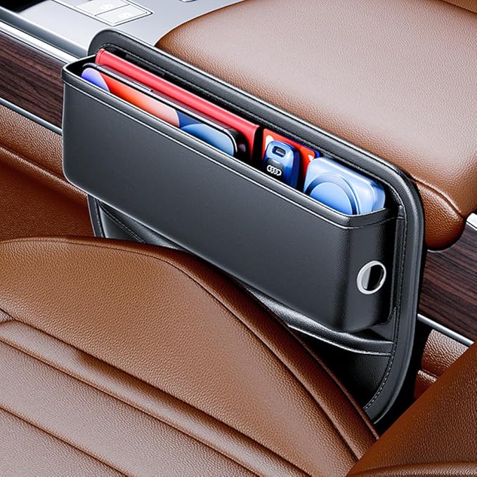 upra Car Seat Gap Organizer with Card Slots & Bonus Eyeglass Holder – Universal Fit, Premium Leather, No More Dropped Items Great Gift for Drivers (Black)