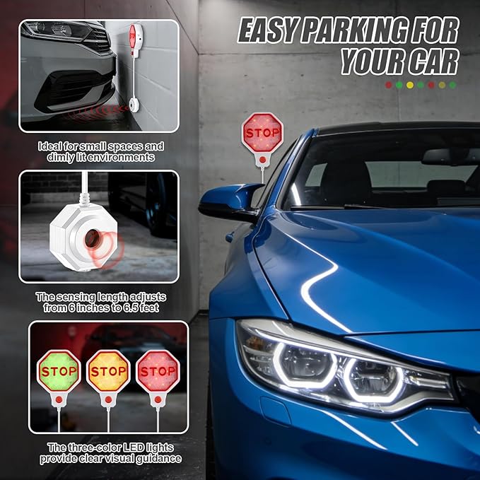 Lawnldyll Garage Parking Sensor Aid, Garage Stopper for Parking Car, Adjustable Car Stop Assistant with Red/Yellow/Green LED 