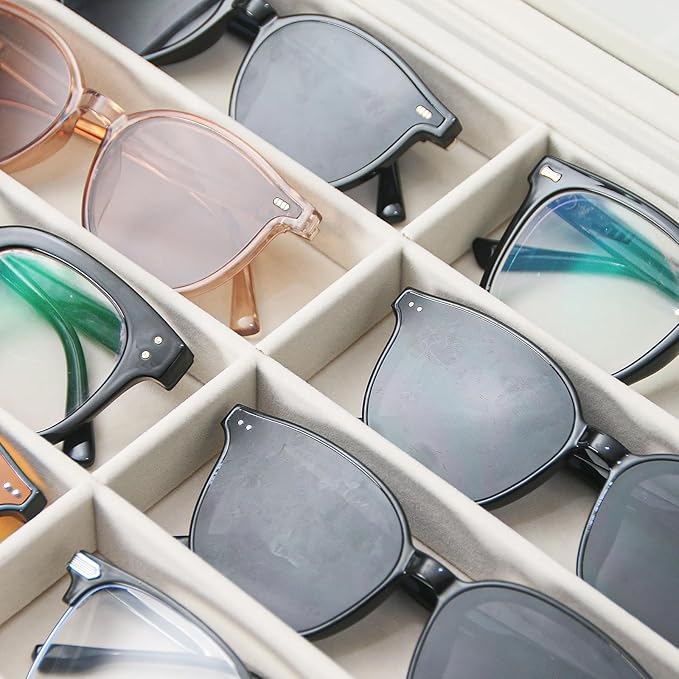 Coward Sunglass Organizer Tray Box, Beige Velvet Grids Eyeglasses Display Tray Case with Transparent Glass Lid for Home Use o
