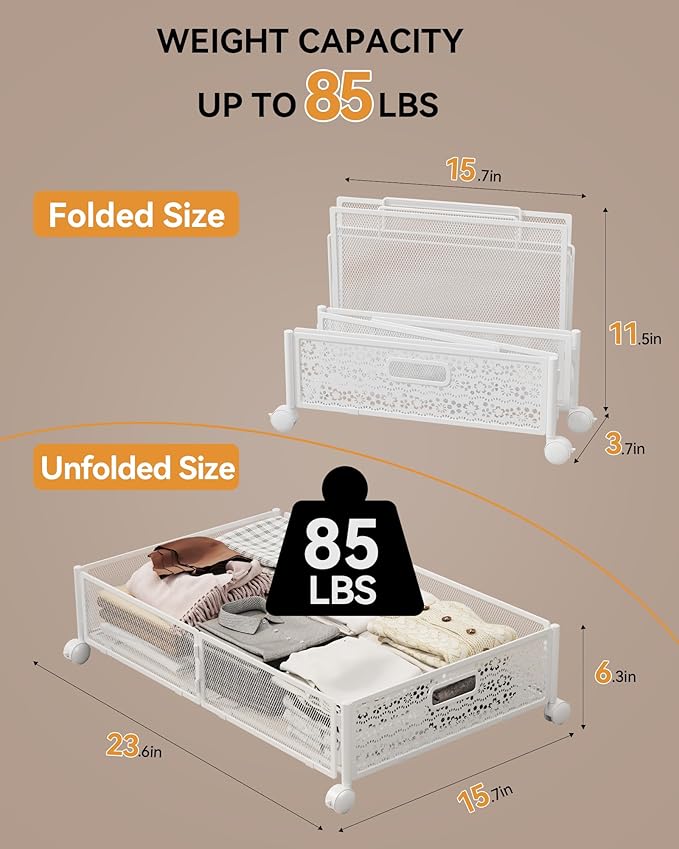 Under Bed Storage with Wheels, Foldable Pattern Carved Metal Under The Bed Storage, Tool-Free Assembly Underbed Storage, 60L 