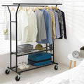 CAPHAUS 840LBS Capacity Heavy Duty Clothes Rack with Double Rods, Rolling Clothing Rack with 2 Shelves, Extendable Rods, Blac