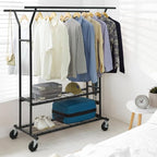 CAPHAUS 840LBS Capacity Heavy Duty Clothes Rack with Double Rods, Rolling Clothing Rack with 2 Shelves, Extendable Rods, Blac