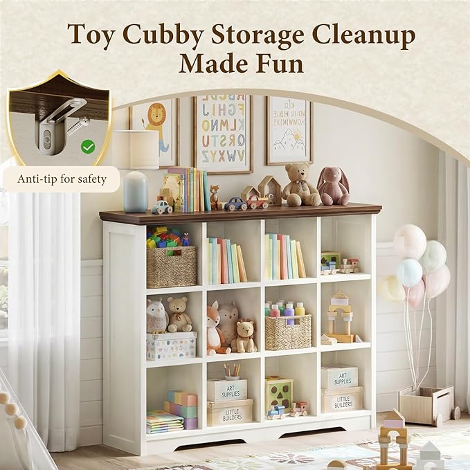 OffiGo 12 Cube Organizer Bookcase, Modern Farmhouse Open Shelf for Storage Bins & Decor, Display Bookshelf Console Closet for