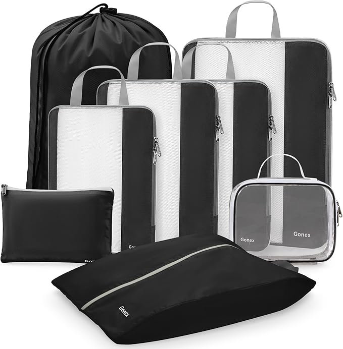 Gonex Expandable Mesh Packing Cubes - 8 Set Compression Organizer for Travel Essentials with Toiletry, Laundry, Shoe & Cable 