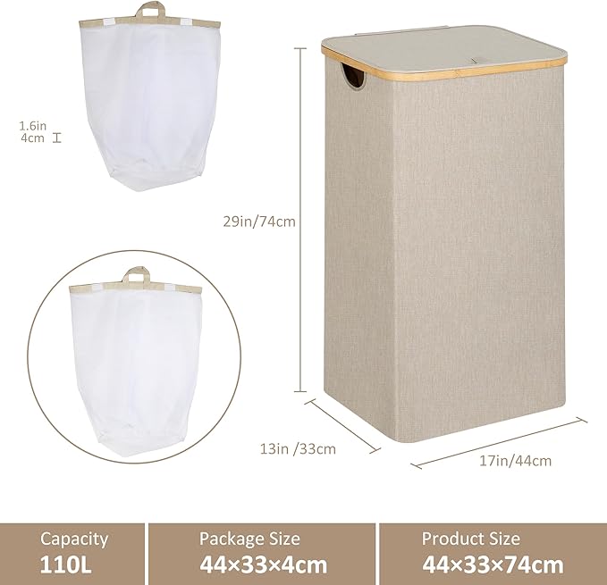 IEGrow Laundry Basket with Lid, Large Laundry Hamper with Handle and Lid, Collapsible Clothes Basket Organizer with Removable