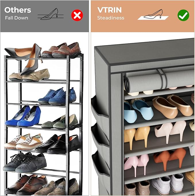 VTRIN Vertical Narrow Shoe Rack Organizer Tall Shoe Rack for Closet Entryway 10 Tier Non-Woven Cover Shoe Shelf Holds 36-41 P