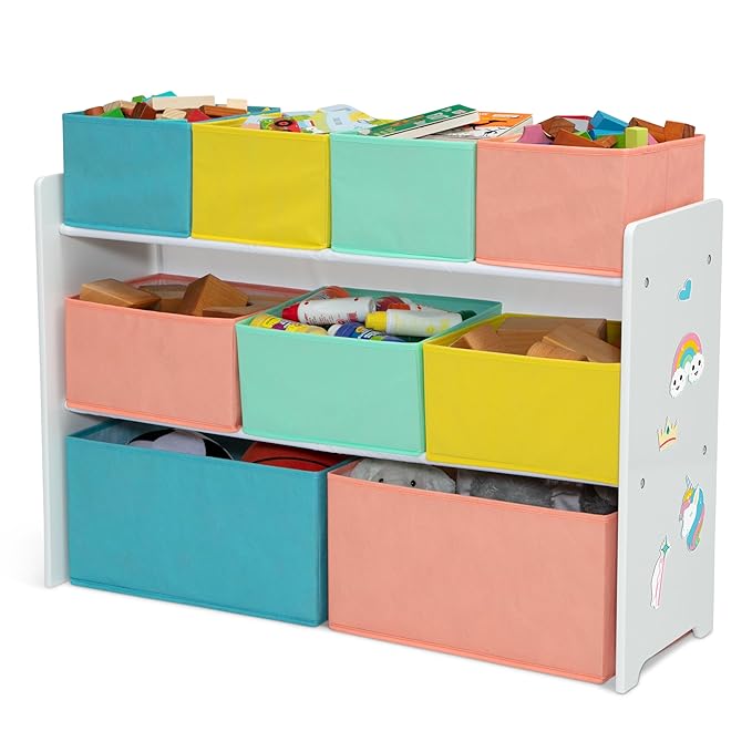Delta Children Deluxe Multi-Bin Toy Organizer with Storage Bins - Greenguard Gold Certified, White with Blue/Orange/Pastel Bi