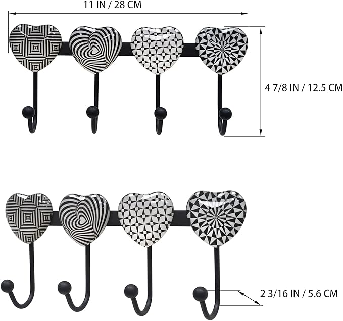 Coat Rack Wall Mounted with 4 Hooks, Heart Geometric Pattern Decorative Wall Hooks for Hanging Hat, Key, Towel, Purse, Bag an