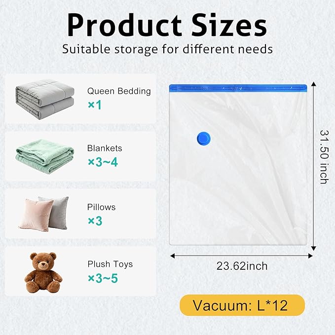 12 Pack Large Travel Vacuum Storage Bags, Portable Vacuum Seal Bags for Clothing Travel with Pump, Space Saver Bag for Luggag
