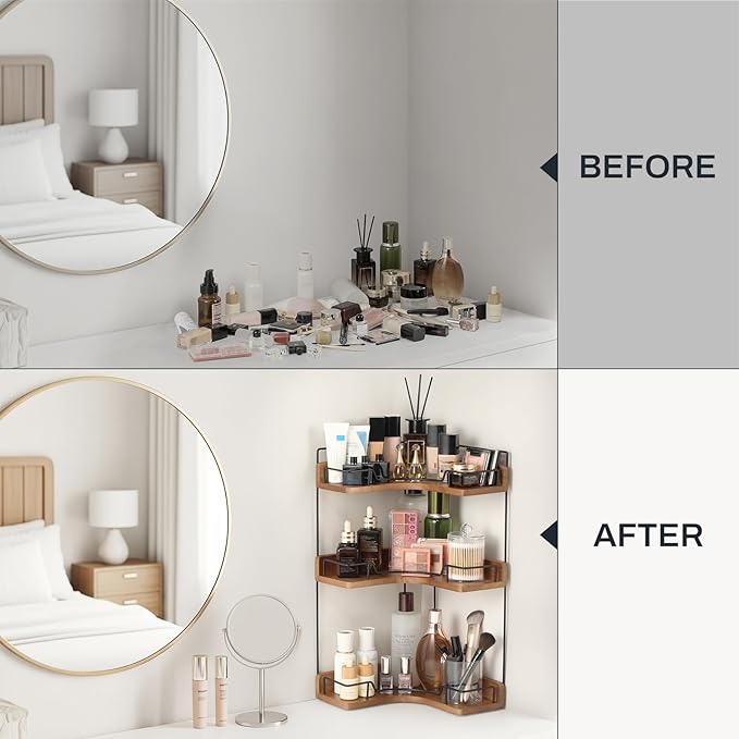 3-Tier Bathroom Counter Organizer, Wooden Corner Shelf for Vanity Countertop Skincare & Makeup, Storage and Organization for 