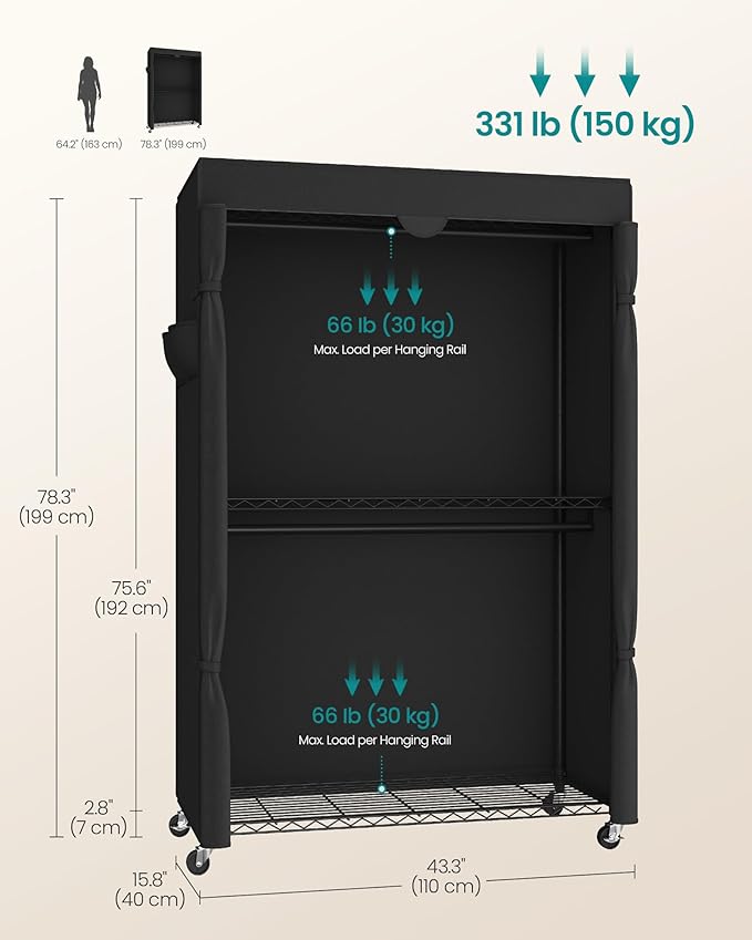 SONGMICS Heavy-Duty Rolling Clothes Rack, Garment Rack, Portable Closet, 43.3-Inch Wide Clothing Rack on Wheels, with Adjusta