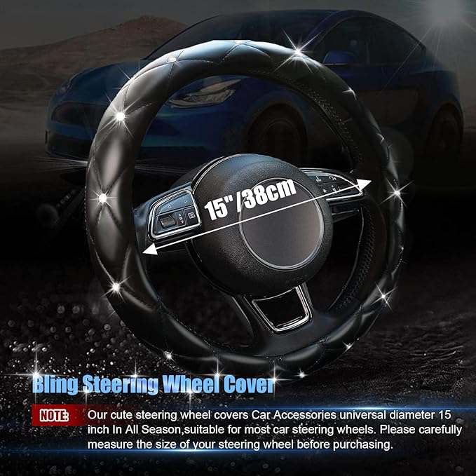 SuperKaKa Black Steering Wheel Cover 2026, Auto Cute Girly Diamond Bling Comfort Leather Car Interior Accessories Protector S