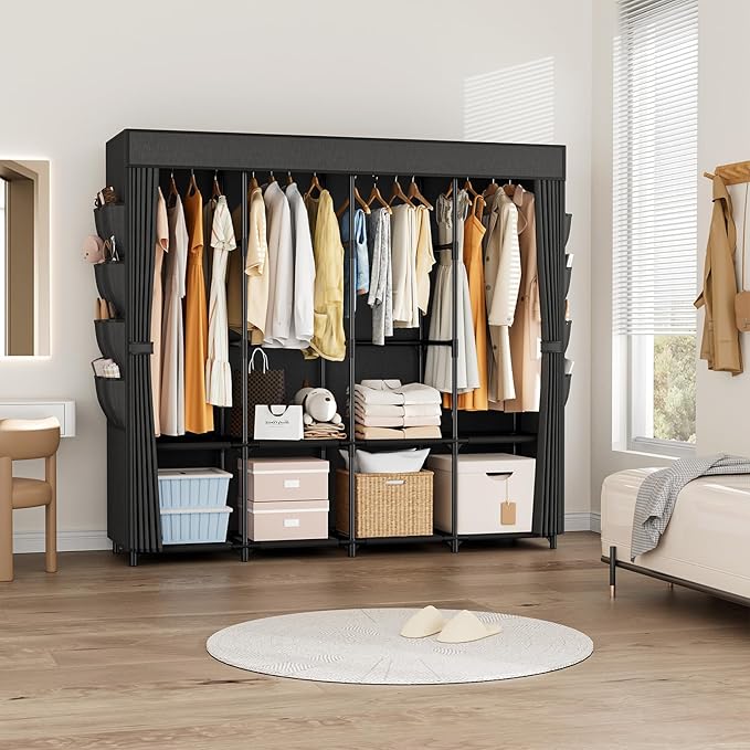 Portable Closet for Hanging Clothes, 67 Inch Wide Portable Wardrobe Closet with Cover, 4 Hanging Rod, Storage Shelves and Sid