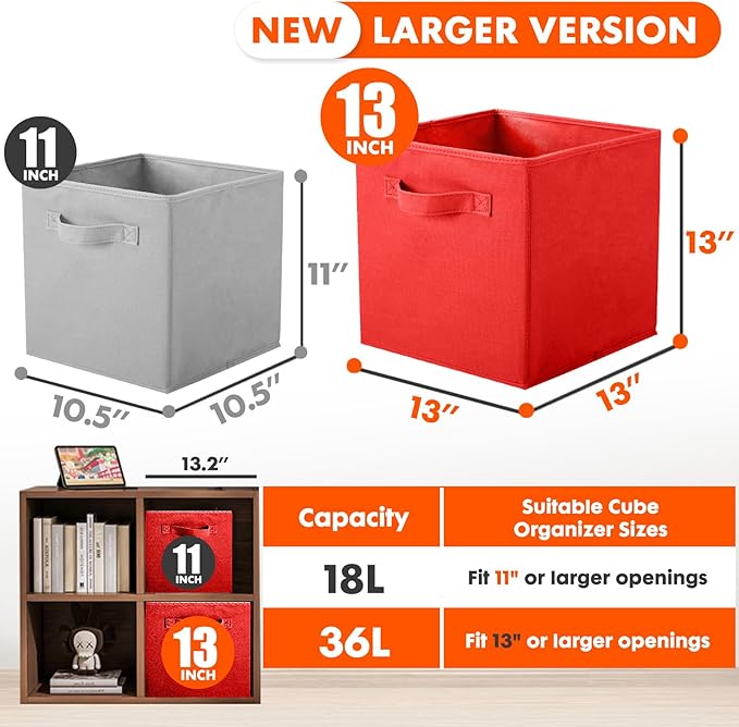 ShellKingdom Foldable Fabric Storage Cubes - Cloth Organizer Drawer for Closet & Toys, 13 X 13 X 13 INCH, 6 Pack (Red)