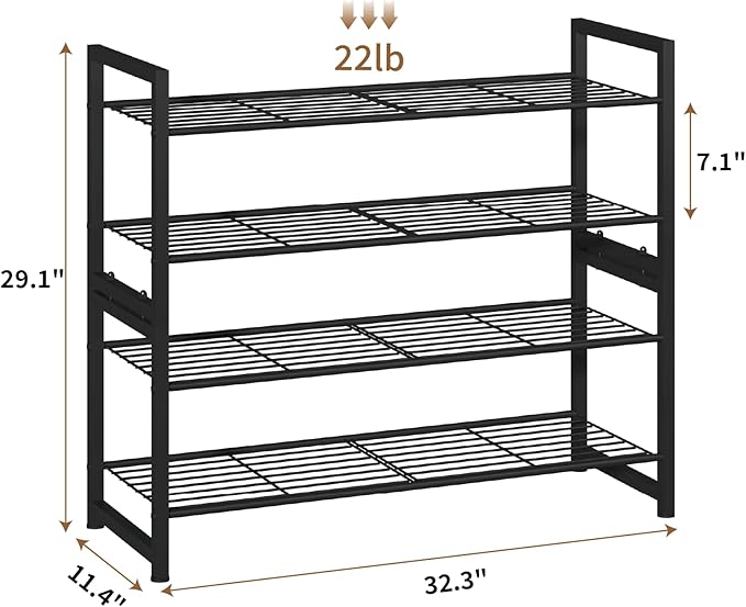 Stackable Shoe Rack, 4 Tier Metal Shoes Rack Storage Organizer,Large Capacity Shoe Shelf Holds 24 Pairs of Shoes,Sturdy and S