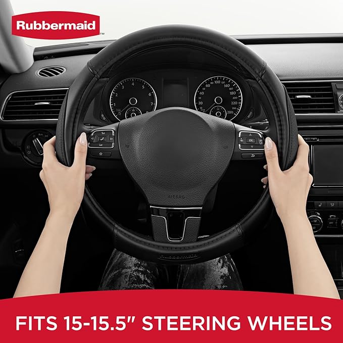 Rubbermaid Steering Wheel Cover – Universal Fit 14.5"–15" Steering Wheel Cover, Anti-Slip Grip, Breathable Leather, All-Seaso