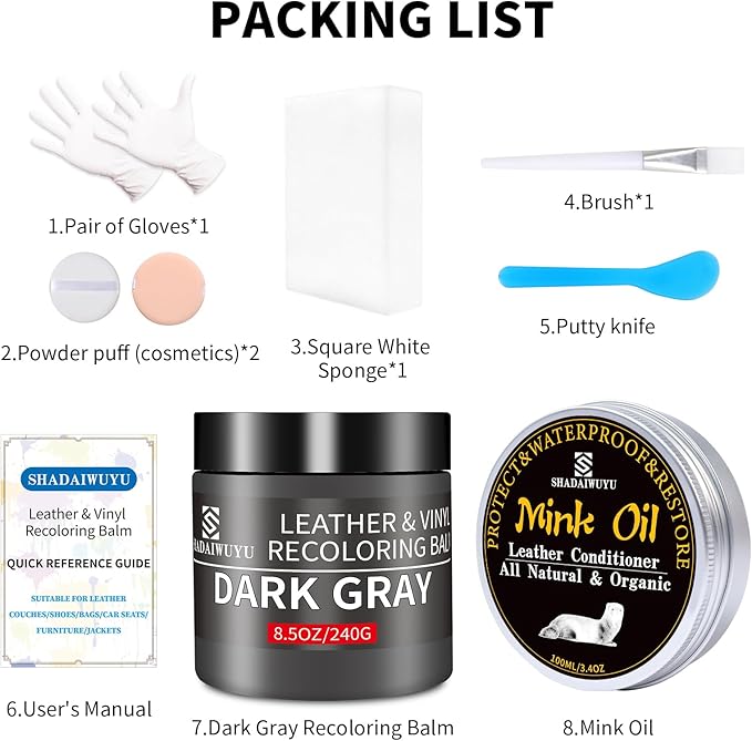 8.5oz Leather Recoloring Balm with 100ml Mink Oil,Dark Gray Leather Repair kit for Furniture and Car Interior,Leather Couch S