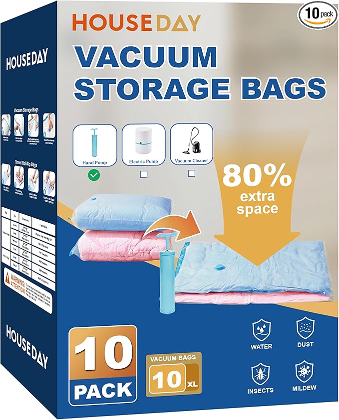 HOUSE DAY 10 Jumbo Vacuum Storage Bags with Pump,Space Saving Vacuum Seal Bags For Clothing Travel, Vacuum Storage Bags For C