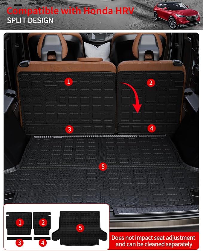Floor Mats Compatible with 2023 2024 2025 2026 Honda HRV Trunk Mat Cargo Liner Cargo Mat Trunk Liner TPE Back Seat Cover Protector 2024 HR-V Accessories (Trunk Mat+Backrest Mats+Floor Mats)