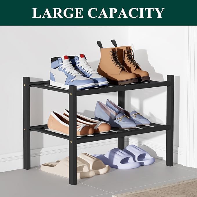 Smiry Bamboo Shoe Rack for Closet, 2 Tier Small Wooden Stackable Shoe Organizer, Free Standing Shoes Storage Shelf for Entryw