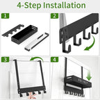 Over The Door Rack, Towel Hooks for Bathroom,Towel Hanger with Tray and 5 Hooks for Bedroom Kitchen(Black)