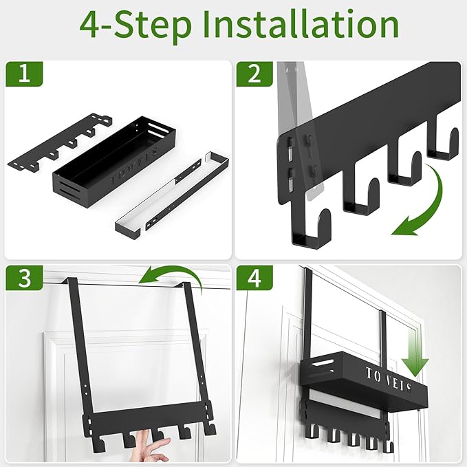 Over The Door Rack, Towel Hooks for Bathroom,Towel Hanger with Tray and 5 Hooks for Bedroom Kitchen(Black)