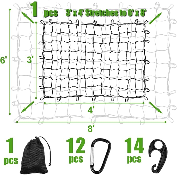 WSSROGY 3' x 4' Cargo Net Stretches to 6' x 8', Heavy Duty Cargo Netting for Pickup Truck Bed, Roof Rack Net with Hooks Carabiners