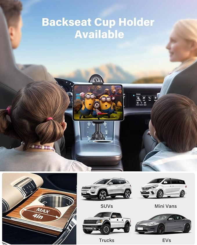 APPS2Car Tablet Holder for Car, Cup Holder Tablet Mount for Truck, Height Adjustable iPad Car Holder with 9.9" Wide Clamp for 4.7-13" iPad Pro Air Mini, Galaxy Tab, iPhone, Cell Phone