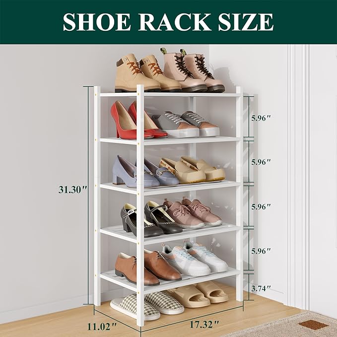 Smiry Small Bamboo Shoe Rack 5-Tier, Stackable Wooden Shoe Organizer for Entryway & Closet, Free Standing Wood Shoe Storage S