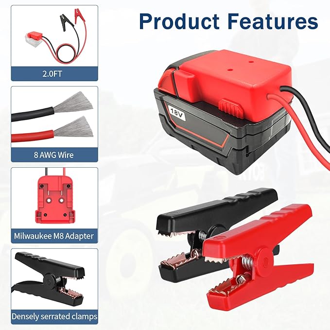 Jumper Cable Clamps for Milwaukee M18 18V Battery Jump Starter, 2.0FT 8AWG Car Battery Jumper Cable with Adapter, Automotive Battery Booster Cable for Tools used to Jump Start a Car