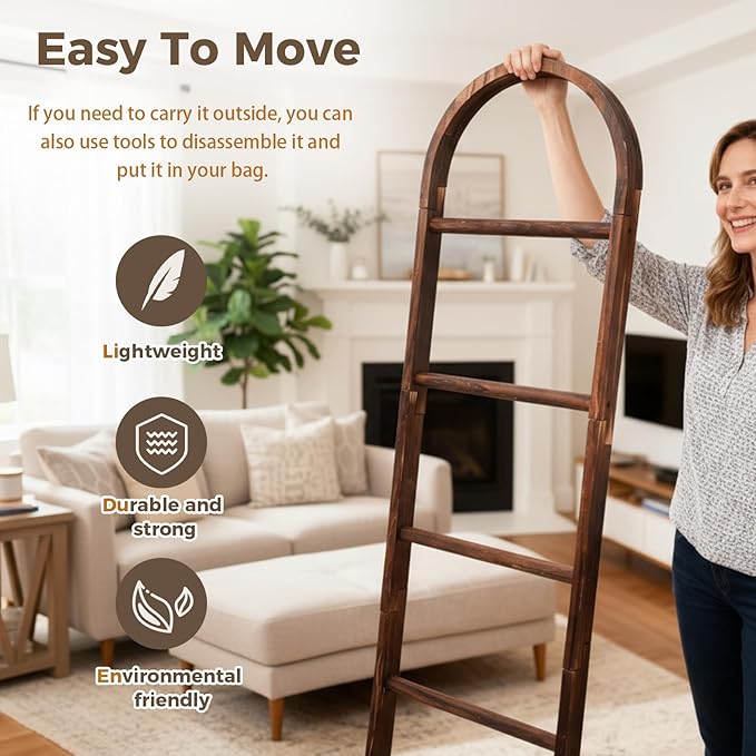 Sintuff Arched Blanket Ladder for Living Room, 5.5ft Wooden Blanket Rack, 5-Tier Natural Leaning Ladder Shelf for Farmhouse B