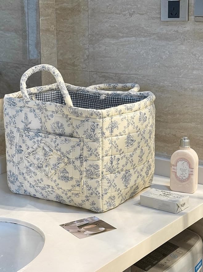 Storage Basket Boho Fabric Large Collapsible Floral Laundry Nursery Hamper Portable Folding Storage for Clothes Toys (Vine-Bl