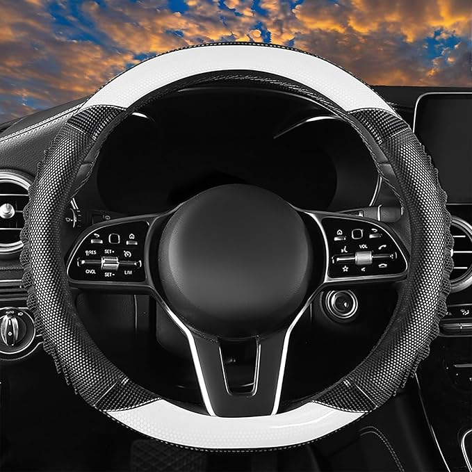 5D Honeycomb Knight White Car Steering Wheel Cover,14.5-15 Inch Universal Carbon Fibre Leather Covers Breathable Anti-Slip Od