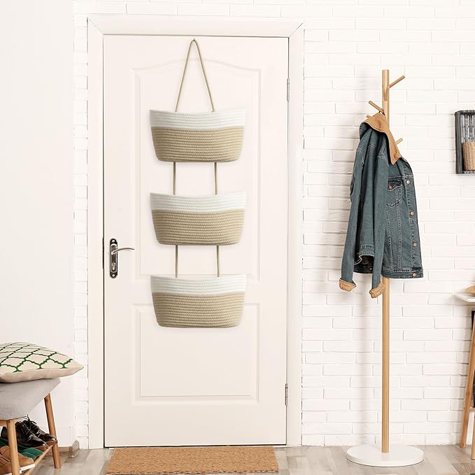 TeoKJ Over the Door Hanging Basket, 3-Tier Woven Cotton Wall-Mounted Storage Organizer Bag Decorative Hanging Nursery Baskets