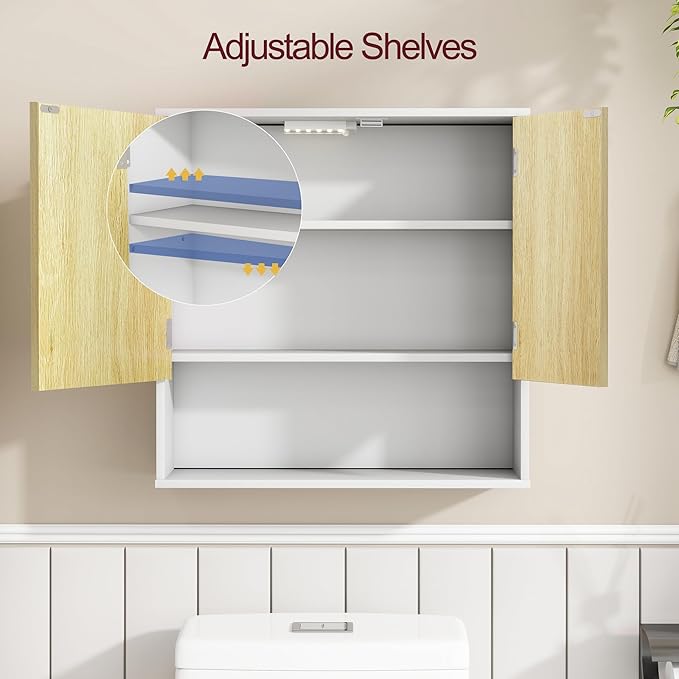 Bathroom Wall Cabinet With Mirror,wall mounted bathroom cabinet,Medicine Cabinet with 2 Door ,Side Hook,Light and Adjustable 