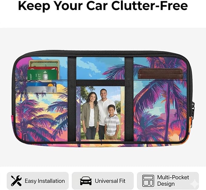 Coconut Tree Tactical Sun Visor Organizer,Scratch-Resistant Auto Sunshade Organizer Bag with Double Zippers Truck SUV Storage Pouch Holder