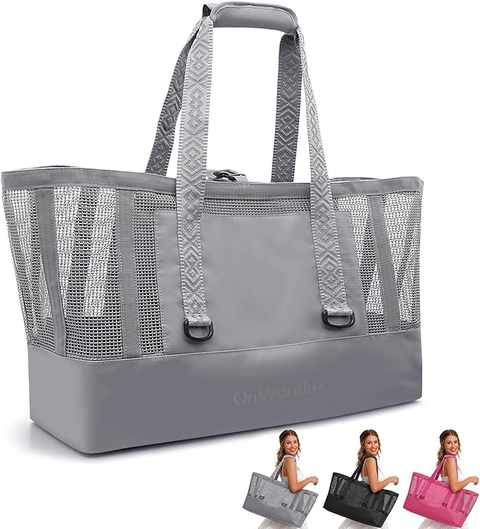Large Mesh Beach Tote Bag - 50L Pool Bags with 2 Inner Zipper Waterproof Pockets for Swim Toys Towels Travel