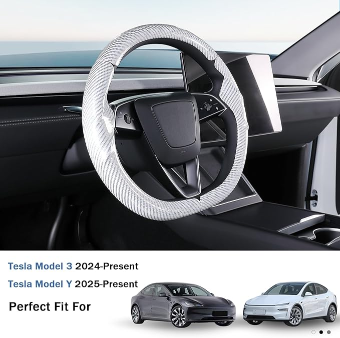 Steering Wheel Cover for Tesla Model 3 2024-Present Highland/Tesla Model Y Juniper 2025-Present, Carbon Fiber Steering Wheel Cover for Tesla Model 3 Highland/Y Juniper Accessories, Glossy White