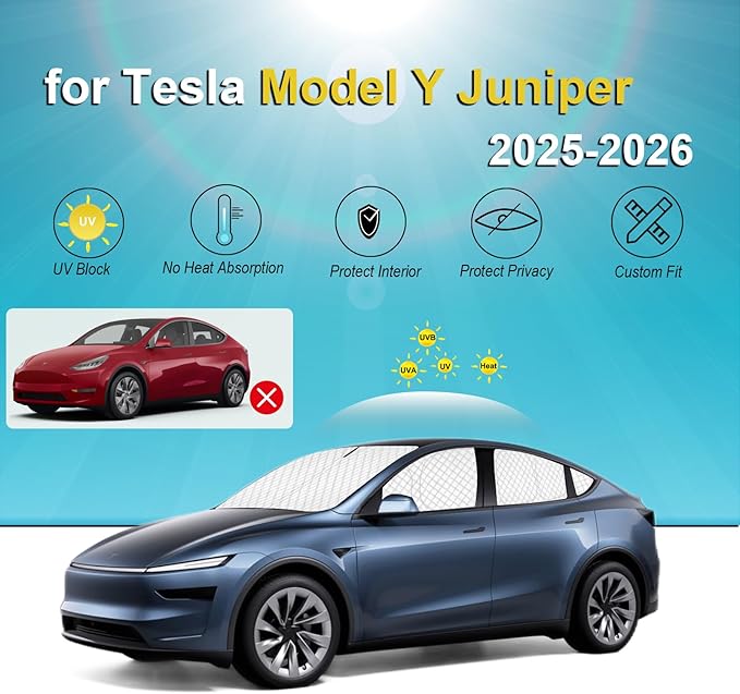 KMF 8pcs Full Thicken Sun Shades for 2025 2026 Tesla Model Y Juniper Accessories, Tesla Y Privacy Car Window Covers for Windshield Side Rear, UV Block and Blackout for Camping Outdoor