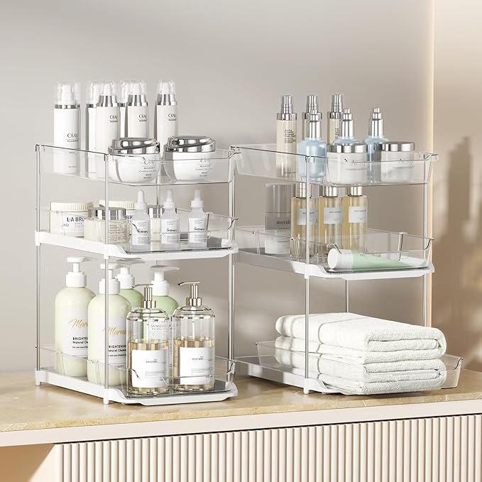 Delamu 2 Sets of 2-Tier Multi-Purpose Bathroom Under Sink Organizers and Storage and 2 Sets of 3-Tier Bathroom Under Sink Org