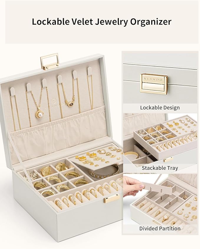 VLANDO Jewelry Box for Women, Gift for Women Girls,2 Layer Jewelry Box,Large Jewelry Organizer for Women Removable Jewelery T