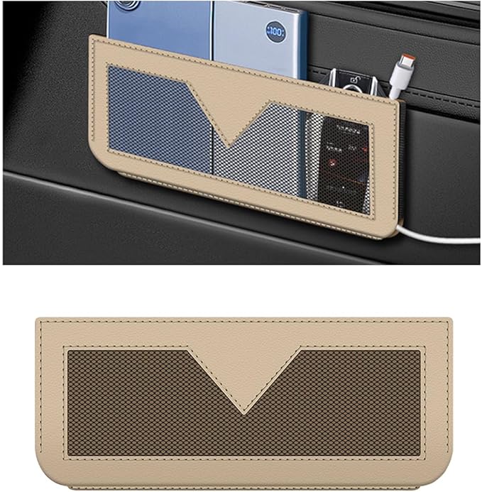 Car Seat Side Pocket Organizer, PU Leather Multifunctional Small Vehicle Console Side Storage Pouch, Automotive Gap Filler Bag for Cell Phone Sunglasses, Universal for SUV RV Truck (Beige)