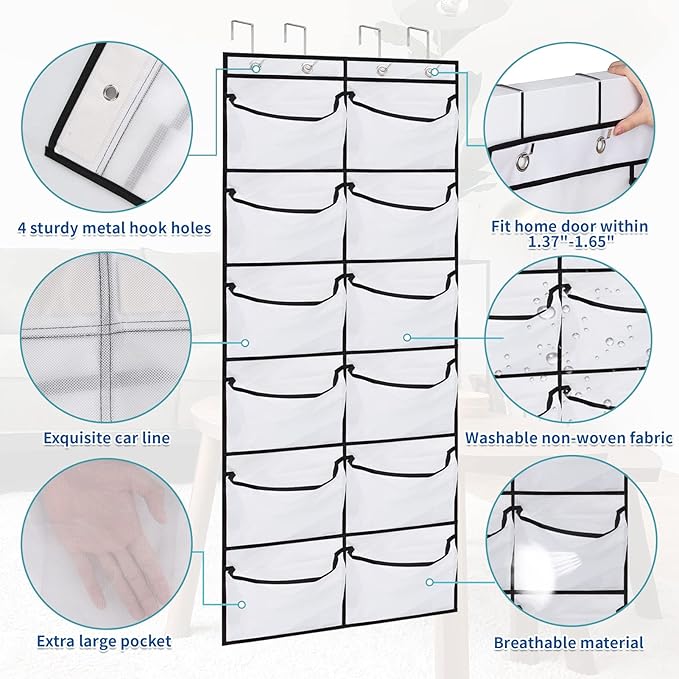 2 Packs Over the Door Shoe Organizer, 24 Extra Large Mesh Pockets Hanging Shoe Boots Rack Holder, Closet Hanging Organizers f