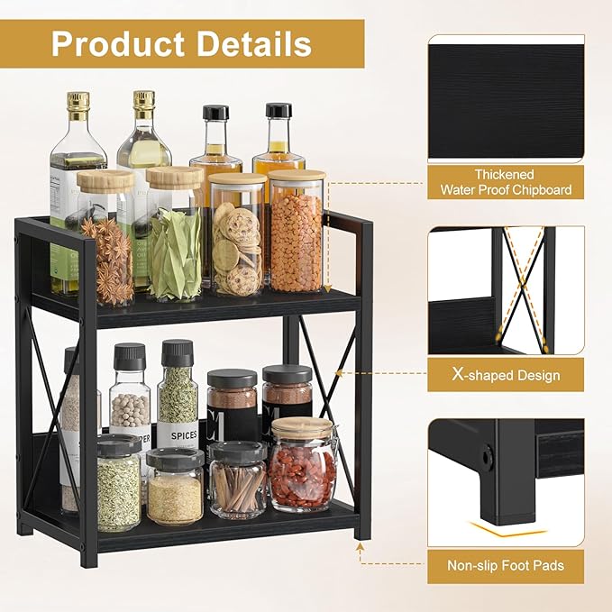 Giikin Countertop Organizer, 2 Tier Coffee Station Organizer for Desktop, Wood Counter Shelf Spice Rack for Kitchen (Black, M