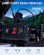 5000A Jump Starter with Air Compressor, Portable Car Battery Jump Starter with 150 PSI Tire Inflator for Up to 10.0L Gas and