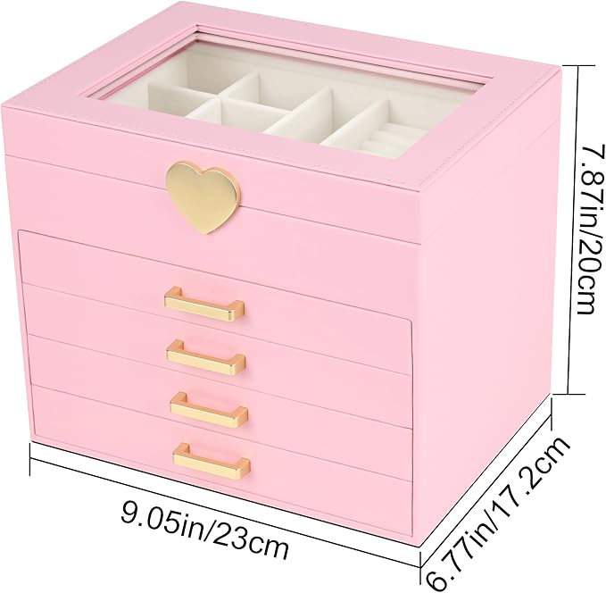 Kendal Jewelry Box, 5-Layer Jewelry Organizer Box with Glass Lid, Pink, Heart Shaped PU Leather, Storage Box for Necklace Ear