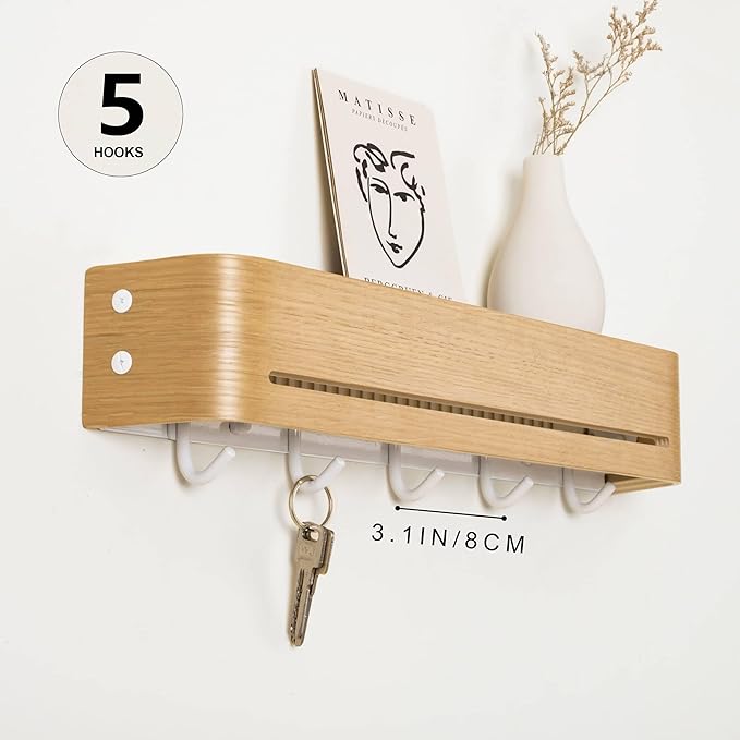 GEMAPOCO® Key Holder Wall Mount with 5 Retractable Hooks, 17-inch Finland-Designed Key Hanger with Shelf, Modern Coat Rack Wa