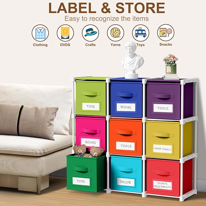 Geelin 9 Cube Toys Storage Organizer with Fabric Bins and Labels, 11 Inch Collapsible Cubby Storage Drawers Colorful Dresser 