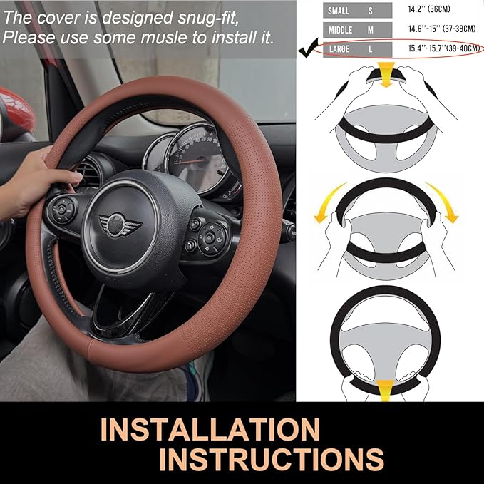 PINCTROT Large Size Nappa Leather Steering Wheel Cover, Slim Fit No Bulk Design, One Piece Leather with Breathable Perforatio