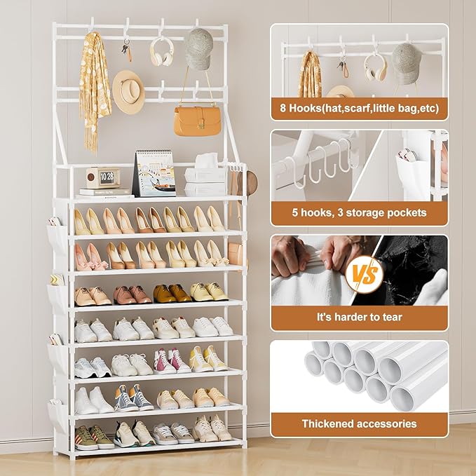 OYREL Shoe Rack 8 Tier Large Shoe Organizer Storage 32-40 Pairs Metal Shoe Storage Rack with Hooks and Side Pocket for Entran